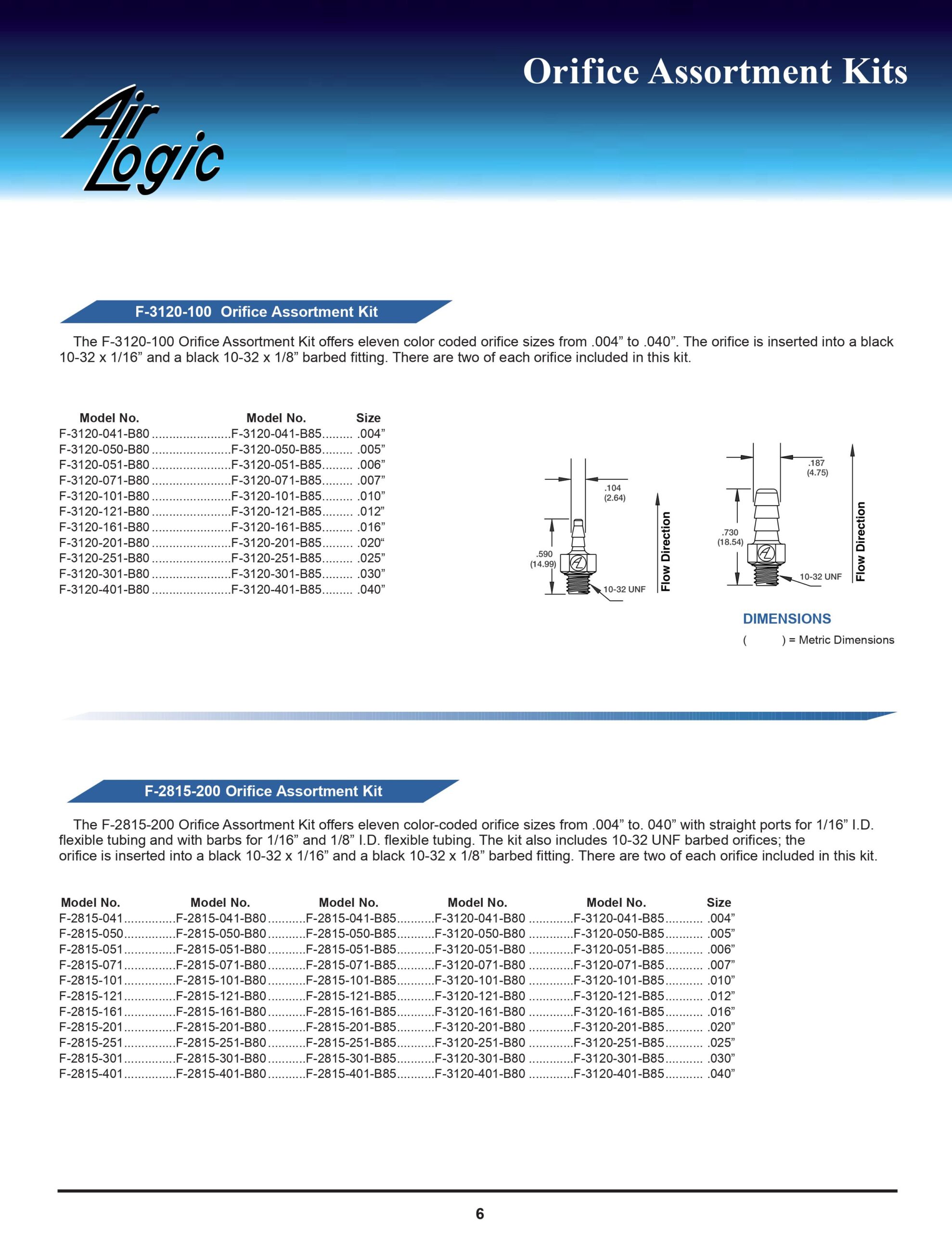 Airlogic Part F-2815-161-B80 0.016, barbs for 1/16 I.D. tubing 
